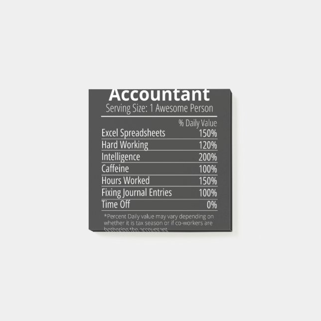 Accountant Nutrition Fact, Nutrition Facts Post-it Block (Framsida)