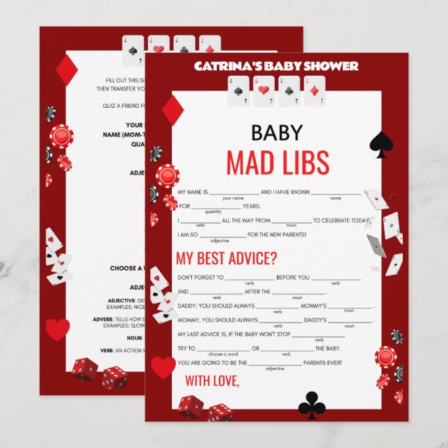 Ace Casino Baby Shower - Editable Namn, 5 x 7 Inbjudningar (Fram/baksida)