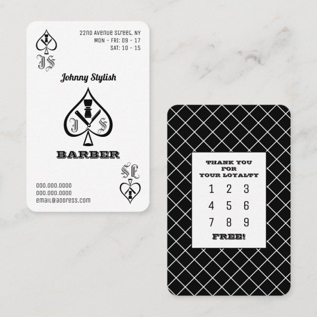 Ace of barbers black and white loyalty card visitkort (Fram/baksida)