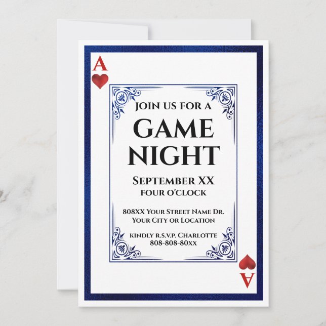 Ace of Hearts Blue Game Nght-spelkort Inbjudningar (Framsida)