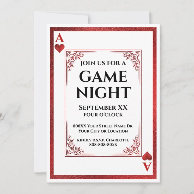 Ace of Hearts Game Nght-spelkort Inbjudningar (Framsida)