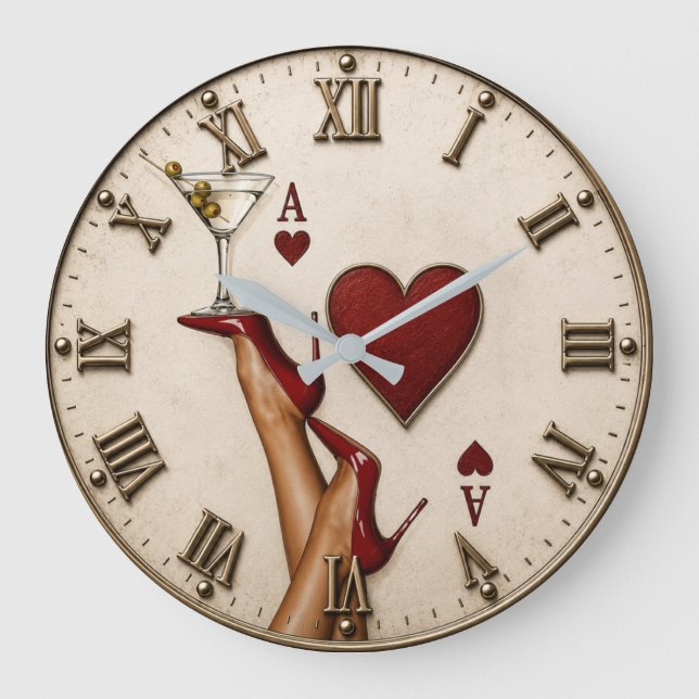 Ace of Hearts Red High Heels Martini Glass Stor Klocka (Framsida)