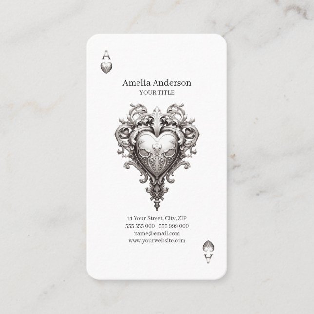 Ace of Hearts Silver Baroque Visitkort (Framsida)