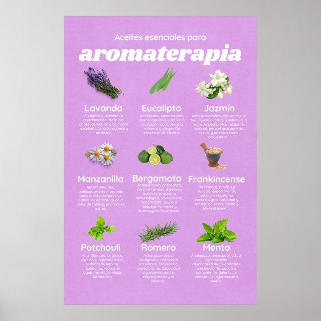 Aceites esenciales aromaterapia en español lavanda poster (Framsidan)