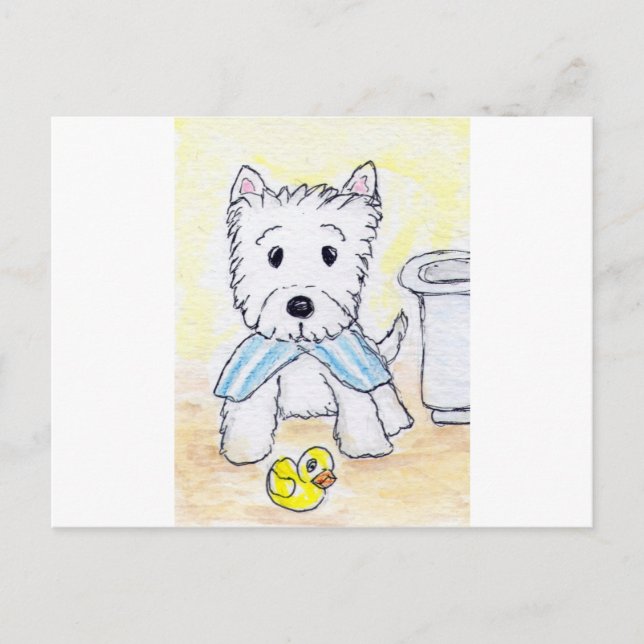 ACEO SKRIV WESTIE BATHTIME ORIGIANL VYKORT (Framsida)