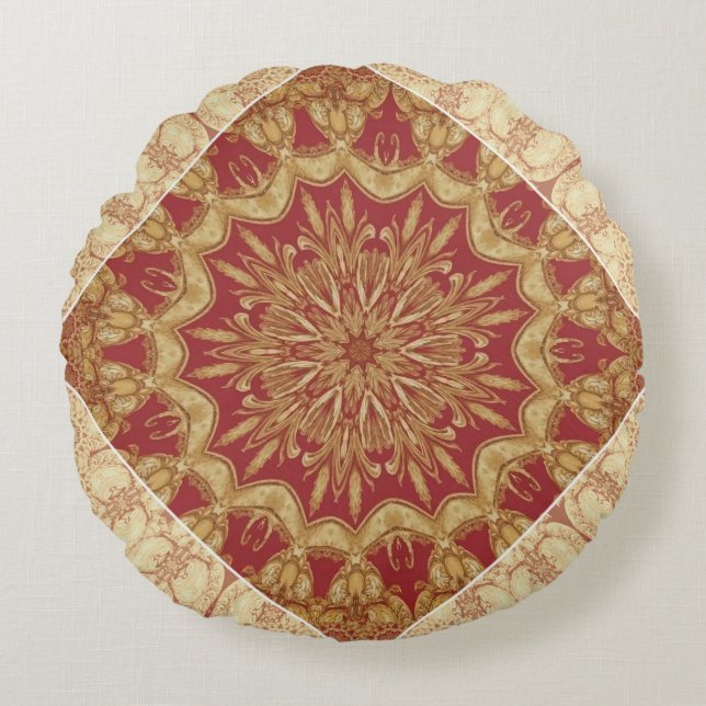Achempong Designer Golden Red Ornate Accent Kuddyn Rund Kudde (Framsidan)