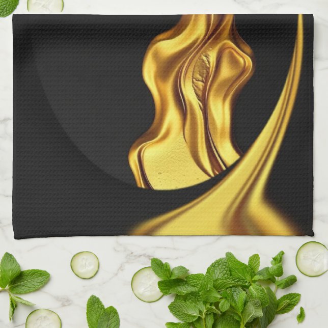Achempong Opulent Swirl Liquid Gold Black Monochro Kökshandduk (Vikta)