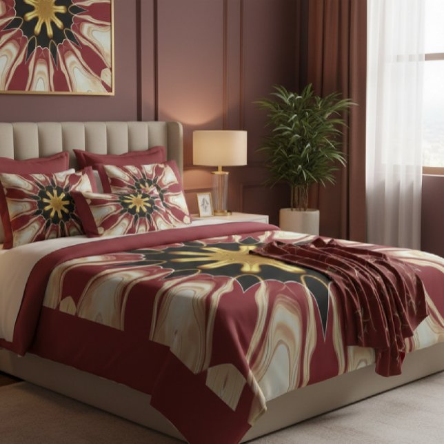 Achempong: Starburst | Deep Crimson Cream Golden B Kudde (The final touch of tranquility: A lavish bed dressed with an Achempong custom duvet cover, layered)