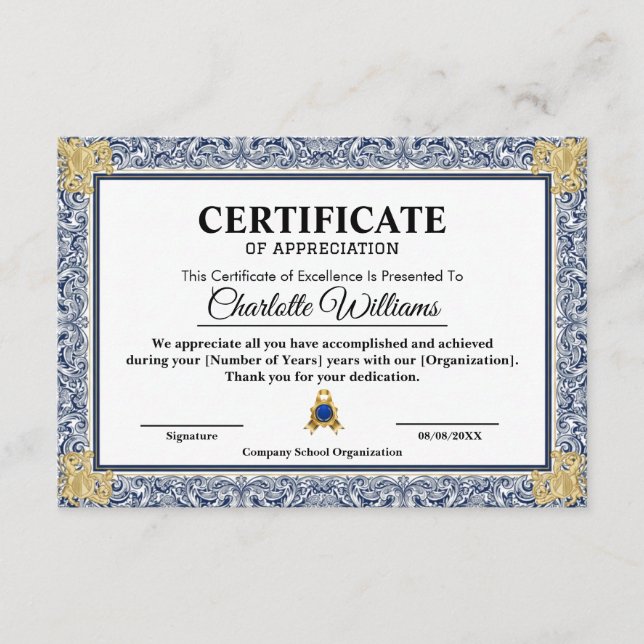 Achievement Appreciate Gold Blue Certificate  Tilläggskort (Framsida)