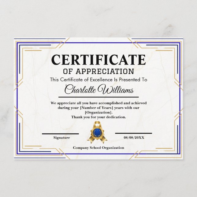 Achievement Appreciation Gold Certificate Poster Tilläggskort (Framsida)