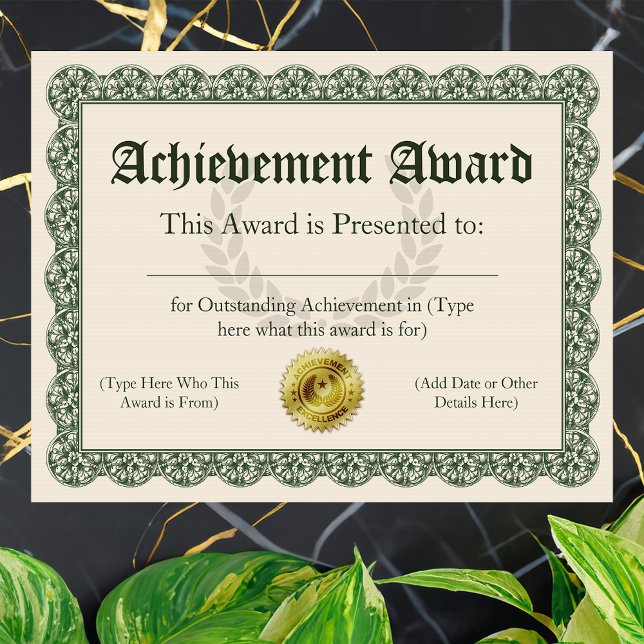 Achievement Award Certificate, Anpassade (customizable achievement award)