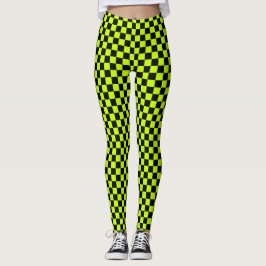 Acid green black checkerboard pattern leggings