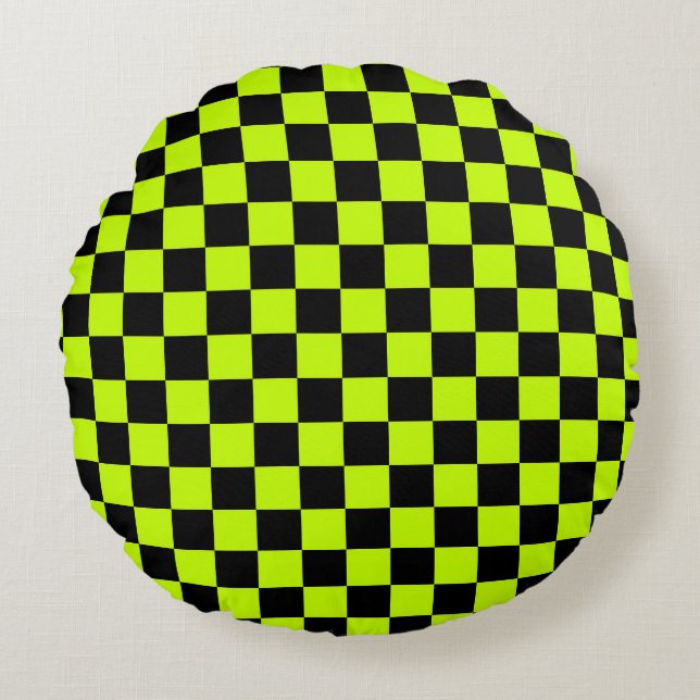 Acid green black checkerboard pattern rund kudde (Framsidan)