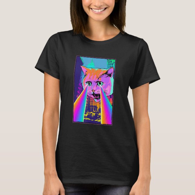 Acid Pixie Laser Cat in the City Psychedelic Tripp T Shirt (Framsida)