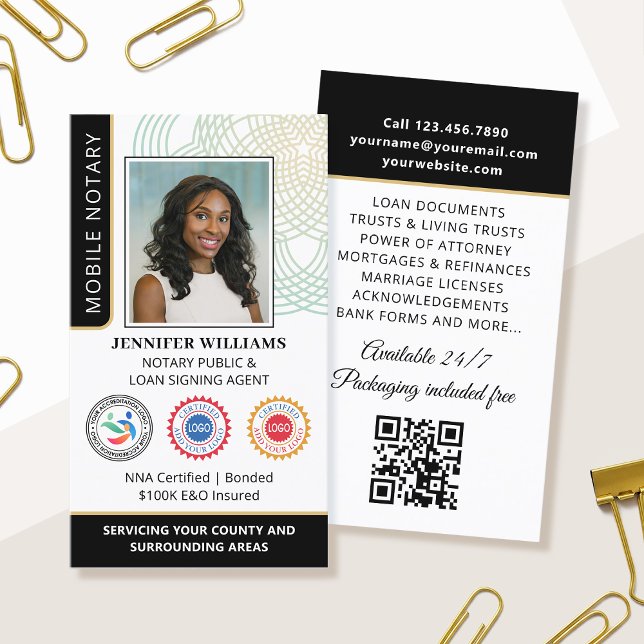 Ackreditering Notary Public Photo QR Code Black Visitkort (Skapare uppladdad)