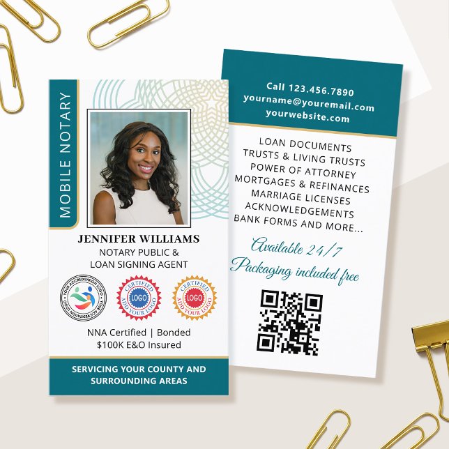 Ackreditering Notary Public Photo QR Code Teal Visitkort (Skapare uppladdad)