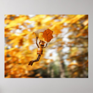 Acorn Elf som flyger på ekhösten löv poster