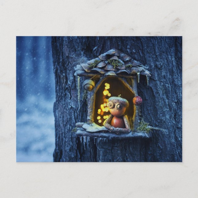 Acorn elf tittar från fönstervintern vykort (Framsida)