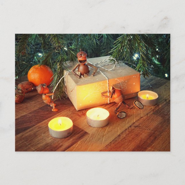 Acorn elves unpacking Christmas gift box  Vykort (Framsida)