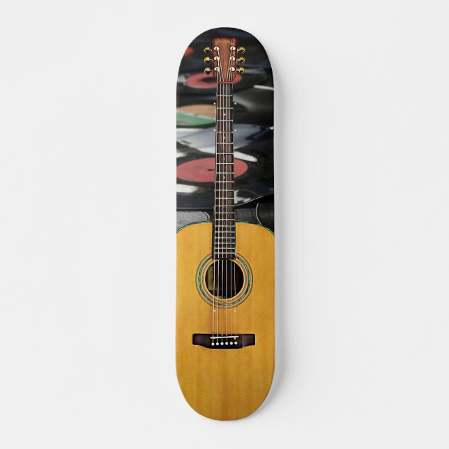 Acoustic Guitar and Vinyl Albums Rock n Roll Mini Skateboard Bräda 18,5 Cm (Framsida)