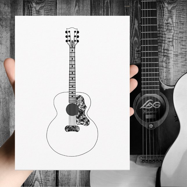 Acoustic Guitar Art Music i teckning med monokrom  Vykort (Simple acoustic guitar black and white line art drawing greetings postcard guitarist musician )