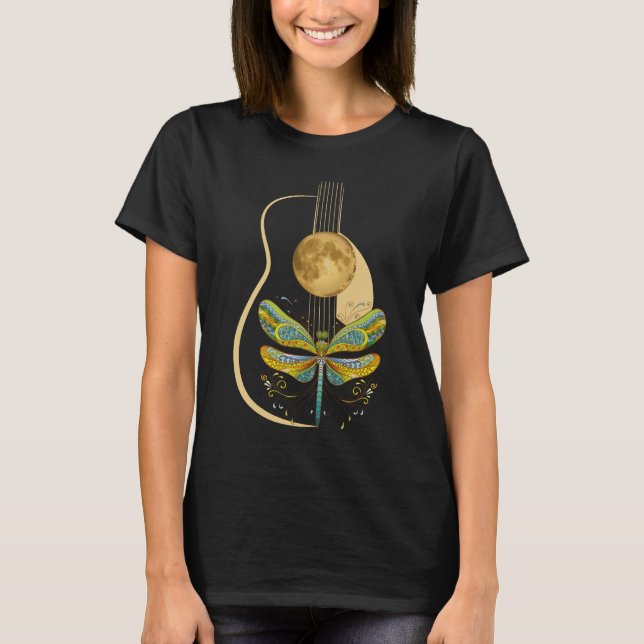 Acoustic Guitar Artistic Dragonfly Music T Shirt (Framsida)