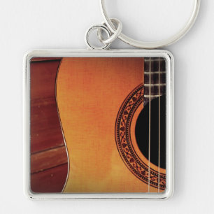 Acoustic Guitar Fyrkantig Silverfärgad Nyckelring
