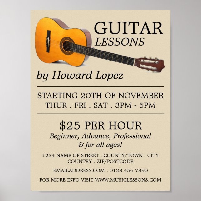 Acoustic Guitar, Guitar Lessons Advertising Poster (Framsidan)