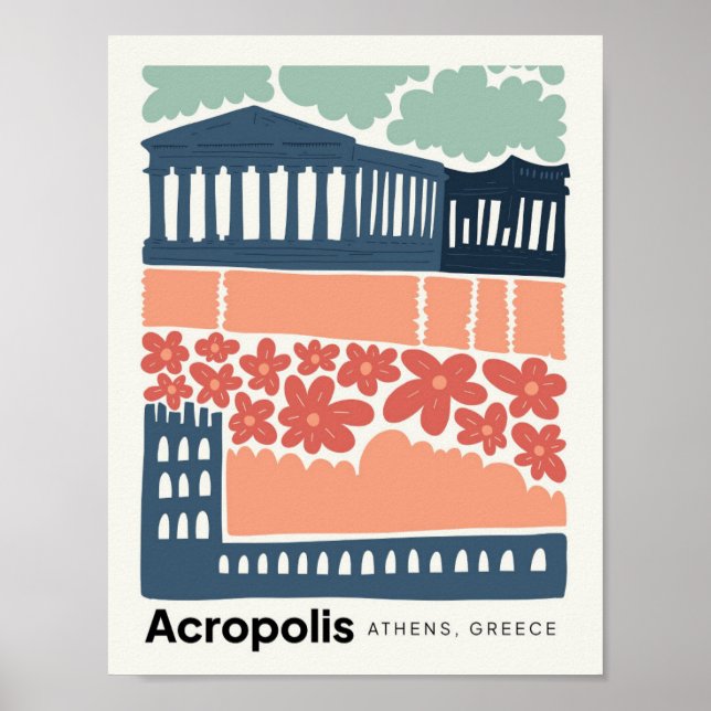 Acropolis Atens grekiska abstrakt resekonst blommi Poster (Framsidan)
