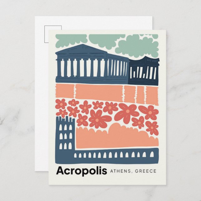 Acropolis Atens grekiska abstrakt resekonst blommi Vykort (Fram/baksida)