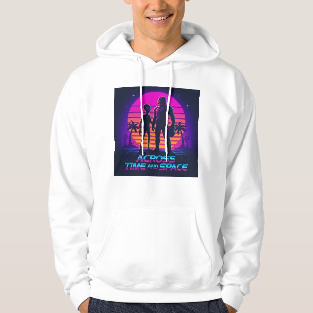 Across Time and Space – Neon Retro Sci-Fi Design Hoodie (Framsida)