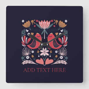 ACRYLIC WALL CLOCK : RED BOHO BIRDS FYRKANTIG KLOCKA