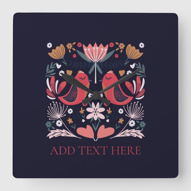 ACRYLIC WALL CLOCK : RED BOHO BIRDS FYRKANTIG KLOCKA (Framsida)