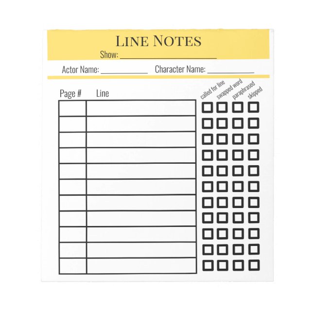 Actor Line Notes chart notepad Anteckningsblock (Framsida)