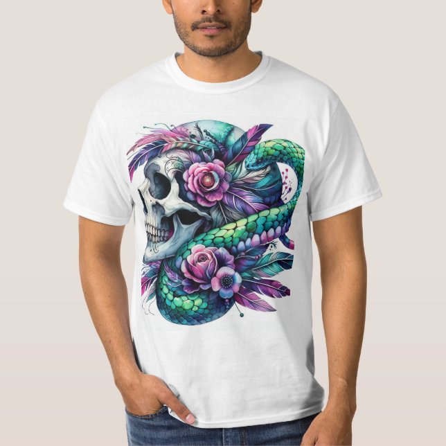 Acuarela de calavera flores y serpiente t shirt (Framsida)