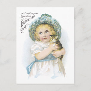Ad Label Victorian Girl med kitten Postcard Vykort