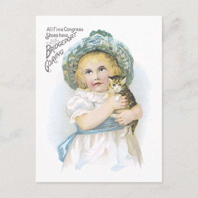 Ad Label Victorian Girl med kitten Postcard Vykort (Framsida)