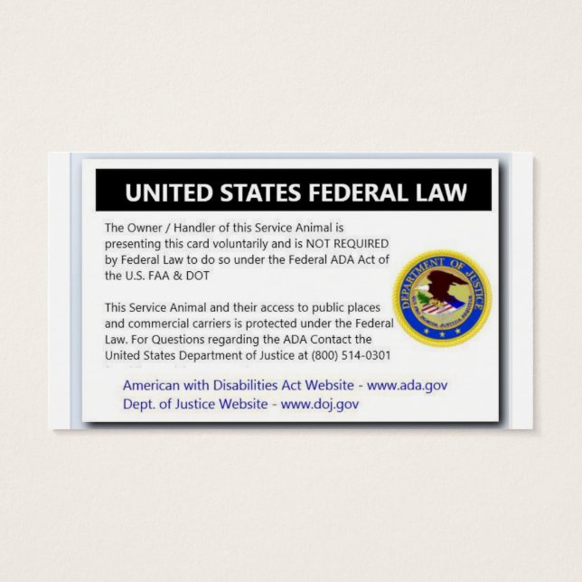 ADA Service Hund Law-handkort Visitkort (Baksidan)