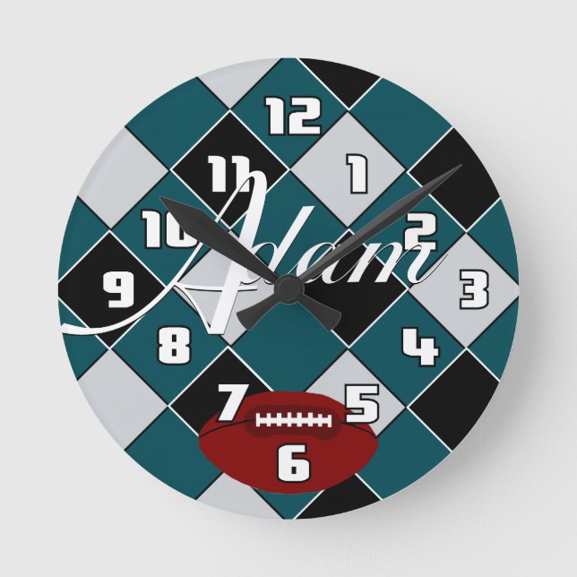 Adam Football Grönt Black Silver Checked Clock Rund Klocka (Framsida)