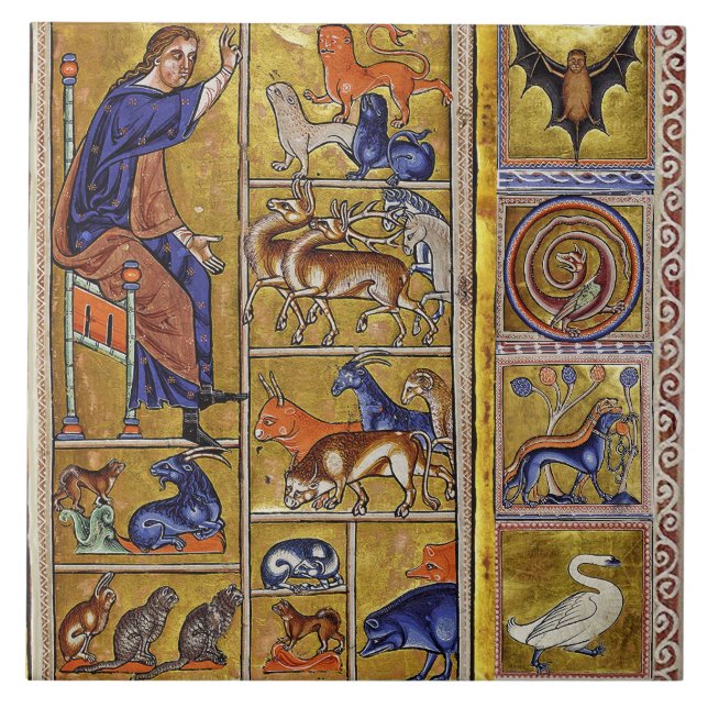 ADAM NAMN PÅ DJUR,MEDIEVAL BESTIARY,DEERS,LEJON KAKELPLATTA (Framsidan)