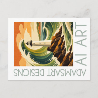 Adams Art Designs Fyrtorn Våg Vintage Kust Vykort
