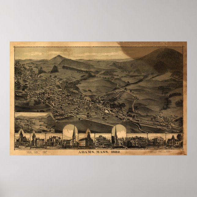 Adams Massachusetts 1882 Antique Panoramic Karta Poster (Framsidan)