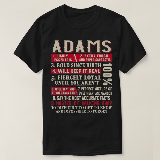 Adams Name Gift Adams  Adams Surname  T Shirt (Design framsida)