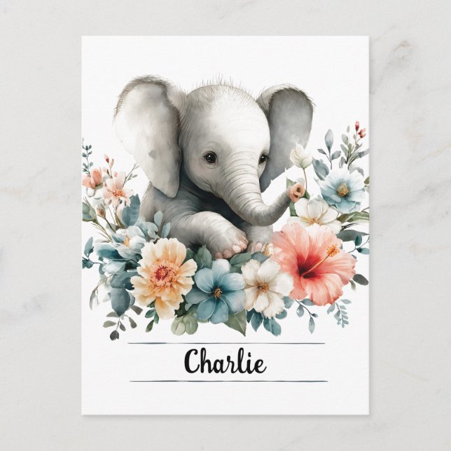 Adapter Watercolor Baby Elephant med eget namn Vykort (Framsida)