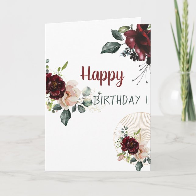 Adapter Watercolor Burgundy Flowers Birthday Kort (Framsida)