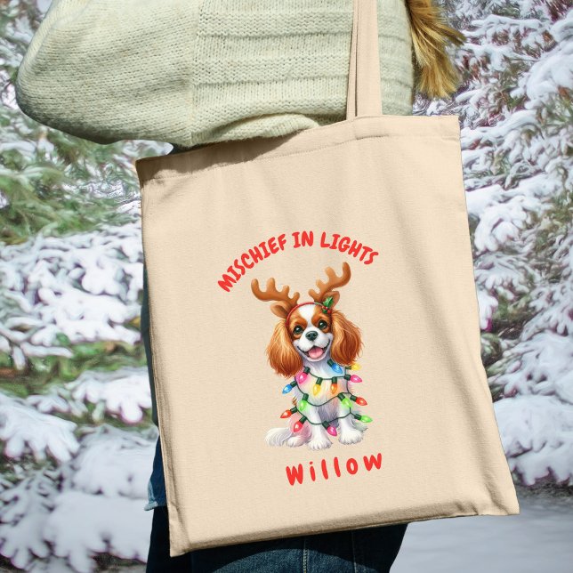 Adapter Watercolor Cavalier jul Ljus Hund Tygkasse (Carry festive cheer with this custom fun Cavalier spaniel tote bag. A perfect gift for dog lovers.)