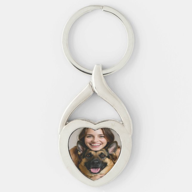 Add German Shepherd Photo Personalize Twisted Heart Silverfärgad Nyckelring (Framsidan)