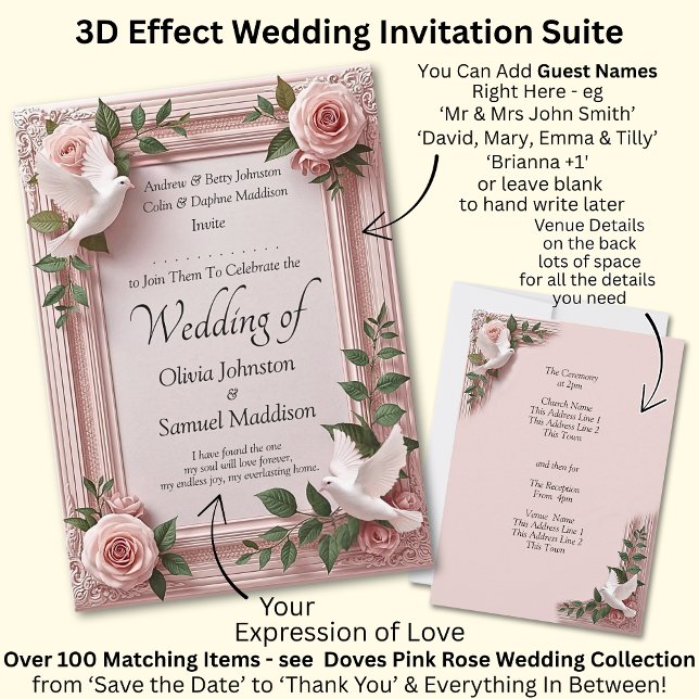 Add Guest Name Pink Roses & Doves Wedding Inbjudningar (Skapare uppladdad)