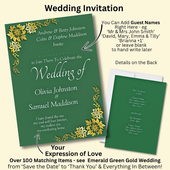 Add Guest Name Purple Emerald Green & Gold Wedding Inbjudningar (Skapare uppladdad)