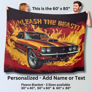 Add Name Change Text, Muscle Car with Flames Fleecefilt